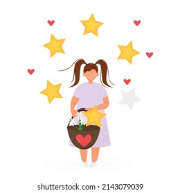 Leaving feedback. Concept of evaluating customer reviews or focusing on a positive response. A girl with a basket collects likes and stars. Evaluate the purchase, application, service. Vector cartoon