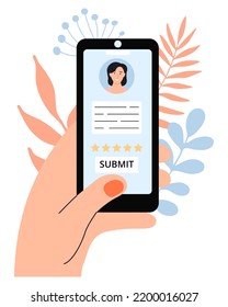 Leaving a feedback concept. Hand taking a smartphone. Flat style.