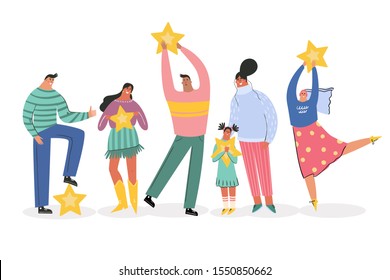 Leaving feedback, customer review rating concept. People holding stars in hands rate app, film, service. Know your client clients of different ages, tastes. Сustomer focus, happy customers flat design