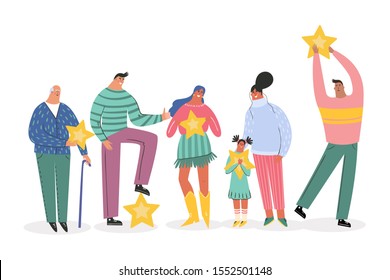 Leaving feedback, customer review rating concept. People holding stars in hands rate app, film, service. Know your client: clients of different ages, tastes. Сustomer focus, happy customers design