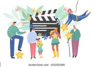 Leaving feedback, customer review rating concept. People holding stars in hands rate film, videp, or cinema. Know your client: clients of different ages, tastes. Сustomer focus, happy customers design