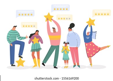 Leaving feedback, customer review rating concept. People holding stars in hands rate app, film, service. Know your client: clients of different ages, tastes. Сustomer focus, happy customers design.