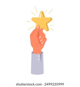 Leaving feedback star, isolated hand holding celestial body. Vector review or reaction for product or content. Satisfied user or customer, client satisfaction and opinion sharing with seller