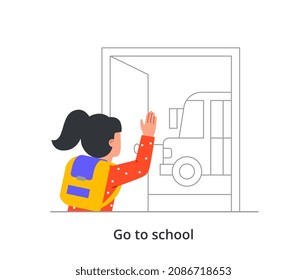 Leaving home concept. Cute little girl with backpack on her back leaves apartment and goes to school bus. Child goes to school. Getting knowledge. Cartoon contemporary flat vector illustration