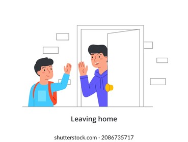 Leaving home concept. Young smiling man looks out of doorway and waves goodbye to his son. Boy with backpack leaves apartment and goes to school. Father see off child. Cartoon flat vector illustration