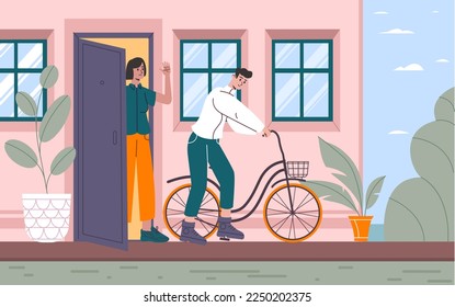 Leaving home. Funny guy with bike goes out door. Mother accompanies son on threshold. Farewell and separation. Teen with bicycle. Goodbye on house doorstep. House porch