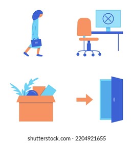 Leaving job icon set in flat style. Job loss, dismissed, resignation symbols. Vector illustration.