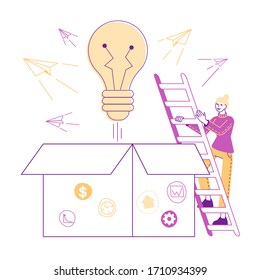 Verlassen der Mind Limits, Träumen, Start Up. Kleine weibliche Charakterkletter von Ladder auf einer riesigen Kartonbox mit Glühbirnen- und Papierfliegern, die aus dem Paket fliegen. Illustration der linearen Vektorillustration