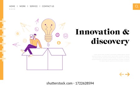 Leaving of Mind Limits, Dreaming, Start Up Landing Page Template. Tiny Male Character with Tablet Sit on Huge Box with Light Bulb and Paper Airplanes Flying Out of Package. Linear Vector Illustration