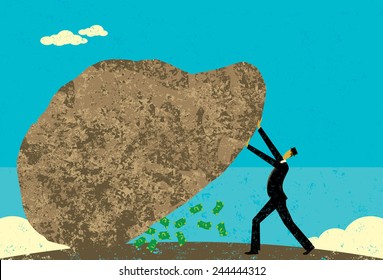 Leaving No Stone Unturned A businessman leaving no stone unturned to find new revenue. The man and stone is on separate layer from the background.