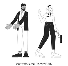 Leaving office on time black and white cartoon flat illustration. Work life balance woman gen z, angry older manager 2D lineart characters isolated. Quiet quitter monochrome scene vector outline image