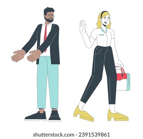 Leaving office on time line cartoon flat illustration. Work life balance woman gen z, angry older manager 2D lineart characters isolated on white background. Quiet quitting scene vector color image