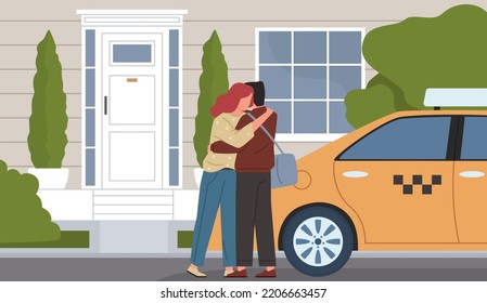 Leaving out home. Husband says goodbye to wife on house threshold, taxi and customer, farewell hugs, sad parting, flat couple, family and romantic relationships nowaday vector concept