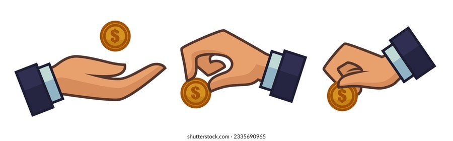 Leaving tips, saving or taking money. Isolated hand of businessman with dollar coin. Financial assets and profit, benefit and earning. Capital of business deposit. Vector in flat style illustration