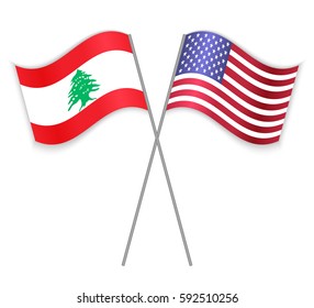 Lebanese and American crossed flags. Lebanon combined with United States of America isolated on white. Language learning, international business or travel concept.