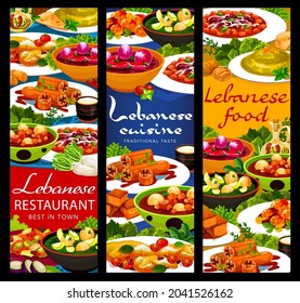 libanesische Küche Essen, Vektorbanner mit arabischen Gemüse-, Fleisch- und Dessertspeisen. Hummus, Suppen und Lamm-Kofta-Fleischbälle, Fattoush-Salat, Kuchen, gefüllte Zucchini- und Halloumi-Käse