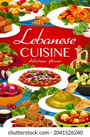 Die libanesische Küche umfasst arabische Vektor-Speisen von Gemüsesuppen, Hummus, Fleisch-Bohneneintopf und Kuchen. Lamm-Kofta-Fleischbälle, Halloumi-Käse und Fattoush-Salat, gefüllte Zucchini- und Kubbeh-Hanteln