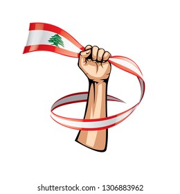 Lebanese flag and hand on white background. Vector illustration