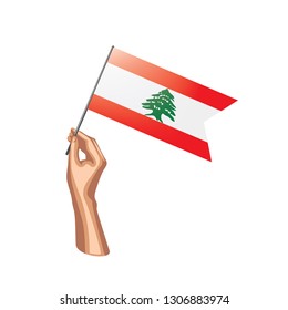 Lebanese flag and hand on white background. Vector illustration