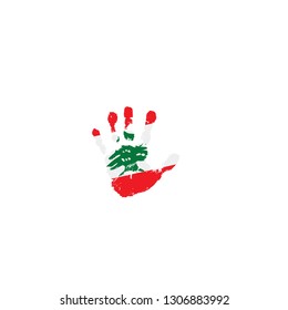 Lebanese flag and hand on white background. Vector illustration