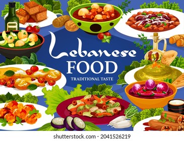 Die libanesische Speisekarte umfasst arabische Küche und Vektorspeisen. Hummus, Gemüsesuppen und Fleischbohneneintopf, Lamm-Kofta-Fleischbälle, Kuchen und Fattoush-Salat, Halloumi-Käse und gefüllte Zucchini