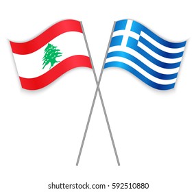 Lebanese and Greek crossed flags. Lebanon combined with Greece isolated on white. Language learning, international business or travel concept.