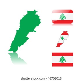 Lebanese  Map Including: Map With Reflection, Map In Flag Colors, Glossy And Normal Flag Of Lebanon.