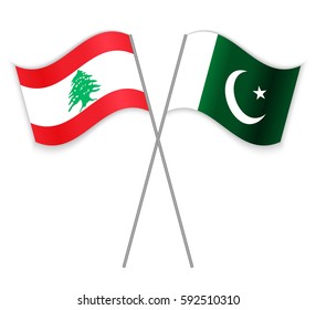 Lebanese and Pakistani crossed flags. Lebanon combined with Pakistan isolated on white. Language learning, international business or travel concept.