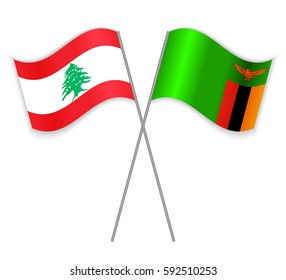 Lebanese and Zambian crossed flags. Lebanon combined with Zambia isolated on white. Language learning, international business or travel concept.