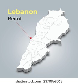 Lebanon 3d map with borders of regions and it’s capital