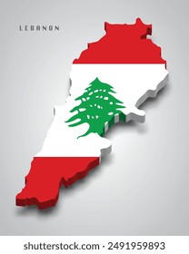 Lebanon 3d map with national flag on grey background