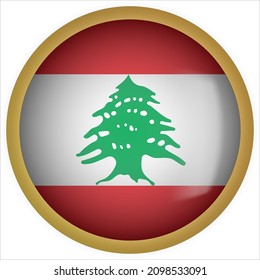 Icono del botón de bandera redondeada del Líbano 3D con marco dorado
