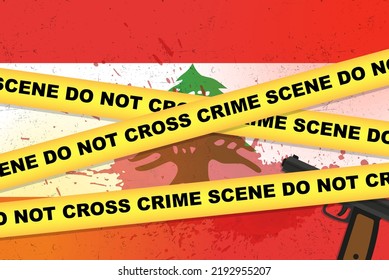 Banner vectorial de ataque armado en el Líbano, concepto de noticias de disparos, asalto armado con armas y mancha de sangre en la bandera del Líbano, cinta amarilla de la policía, composición de escena del crimen, vista superior, diseño plano