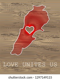 Lebanon art vector map with heart. String art, yarn and pins on wooden planks texture. Love unites us. Message of love.