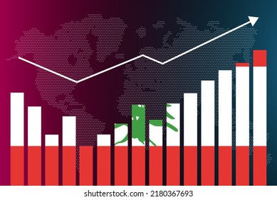 Gráfico de barras del Líbano con altibajos, valores en aumento, bandera del Líbano en el gráfico de barras, flecha ascendente en los datos, idea de pancarta de noticias, concepto de país en desarrollo