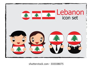 Lebanon boy, girl, businessman, business women cartoon vector illustration and Lebanon round, square and normal flag icon set
