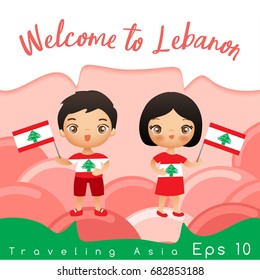 Lebanon : Boy and girl with national flag : Vector Illustration