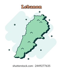 Icono de mapa en color de dibujos animados del Líbano en estilo cómico. Pictograma de ilustración de Country. La geografía de la nación salpica el concepto de negocios.