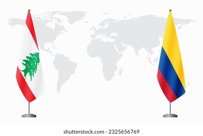 Lebanon and Colombia flags for official meeting against background of world map.