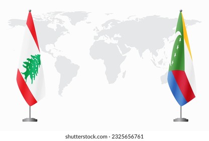 Lebanon and Comoros flags for official meeting against background of world map.