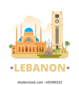 Lebanon country design template. Flat cartoon style historic web site vector illustration. World travel sightseeing Asia collection. Beirut Clock Tower Mohammad Al-Amin Mosque Our Lady Statue Monument