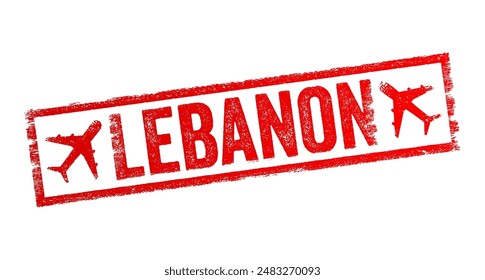 Lebanon - is a country in the Levant region of West Asia, text emblem stamp with airplane. No AI generated content