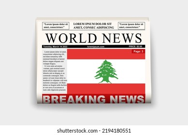 Lebanon country newspaper with flag, breaking news on newsletter, Lebanon news concept, gazette page with headline, journal with country flag, reading newspaper, streamer headline