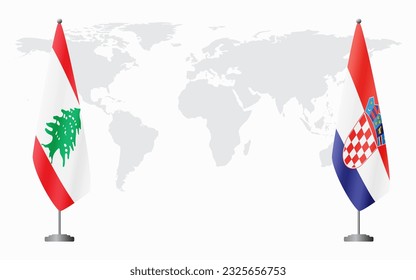 Lebanon and Croatia flags for official meeting against background of world map.