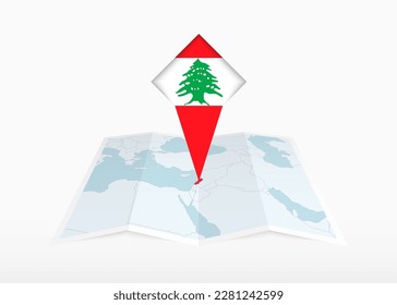 Lebanon is depicted on a folded paper map and pinned location marker with flag of Lebanon. Folded vector map.