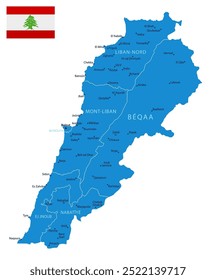 Lebanon - detailed blue country map with cities and regions. Vector illustration.