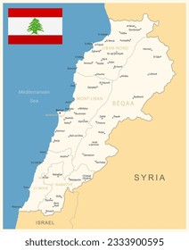 Líbano - mapa detallado con divisiones administrativas y bandera del país. Ilustración del vector