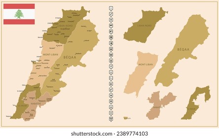 Lebanon - detailed map of the country in brown colors, divided into regions. Vector illustration