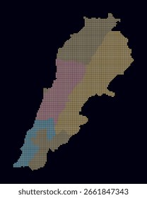 Líbano mapa pontilhado. Mapa de estilo digital do país sobre fundo escuro. Forma libanesa com pontos quadrados. Estilo de pontos coloridos. Quadrados de tamanho pequeno. Ilustração de vetor simples.