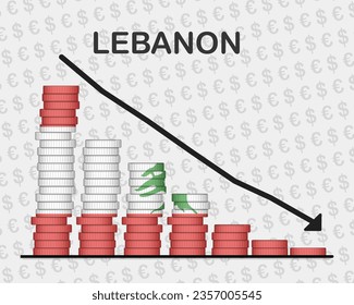 Lebanon economic collapse, decreasing values with coins, crisis and downgrade concept, Lebanon flag with changes, falling arrow, news banner idea, fail and decrease, financial decline